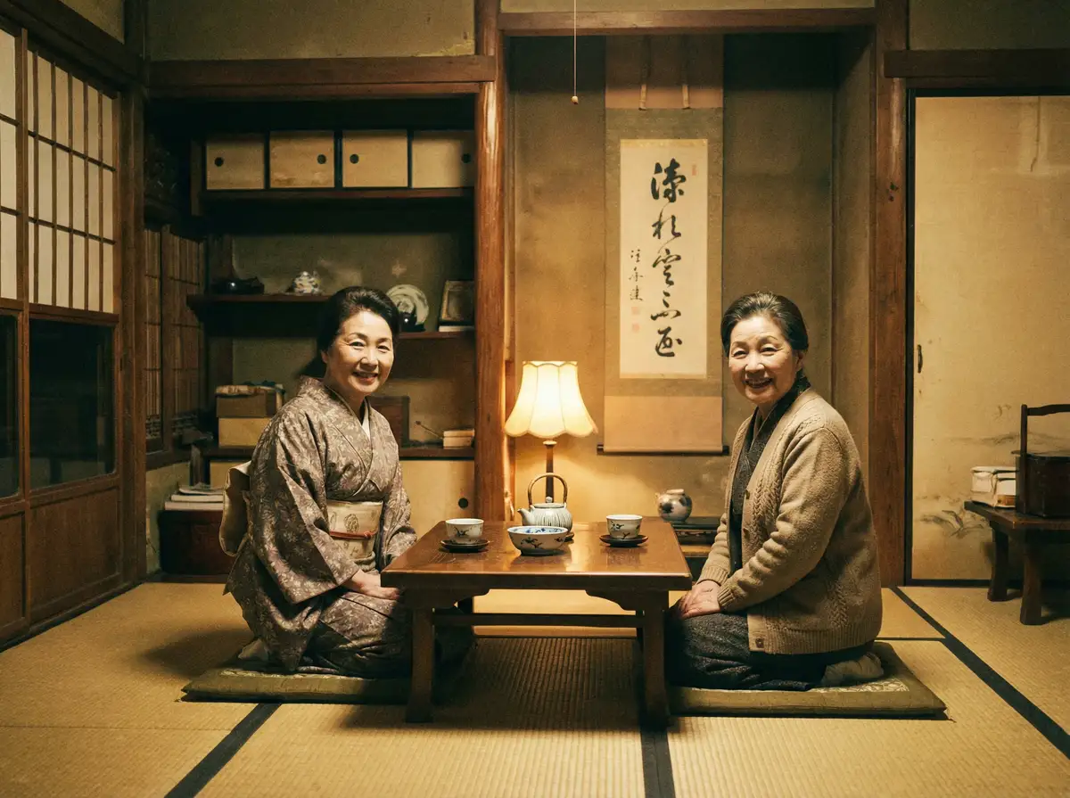 两位优雅的 安博体育网站 在日式茶室中品茶交谈